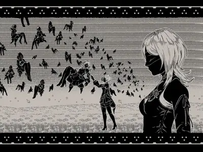Illustration of 2B from NieR:Automata standing in a field of machine lifeforms.