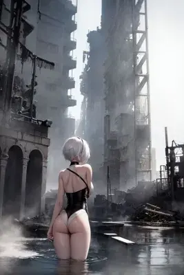 A female android resembling 2B from NieR: Automata stands in shallow water, facing a destroyed urban landscape.