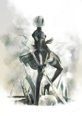 Digital art of 2B from NieR:Automata standing in a ruined landscape with her swords.