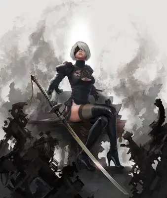Digital art of 2B from NieR:Automata sitting on debris with her sword.