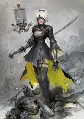 Digital art of 2B from NieR:Automata standing in a destroyed city with Pod 042.