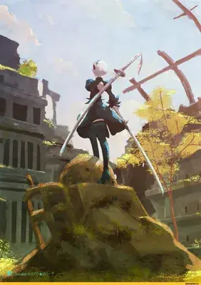 Digital art of 2B from NieR:Automata standing on rubble with swords.