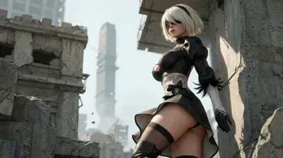 Cosplay of 2B from NieR:Automata in a ruined cityscape.