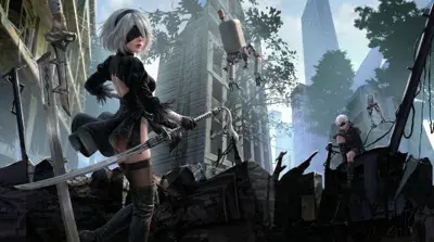 2B from NieR:Automata stands in a destroyed city, holding her swords.