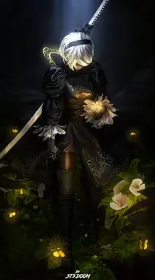 Digital art of 2B from NieR:Automata standing in a field of glowing flowers.