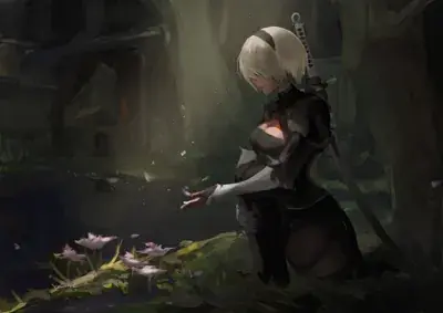 Digital painting of 2B from NieR:Automata standing in a ruined landscape with purple flowers.
