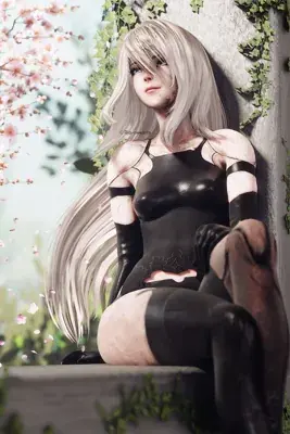 3D render of 2B from NieR:Automata sitting beneath cherry blossom trees.