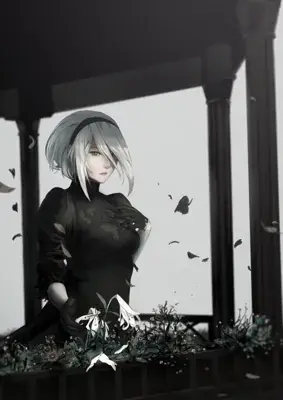 Digital art of 2B from NieR:Automata standing in a dark structure with falling flower petals.
