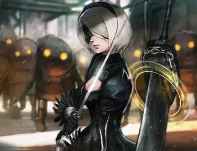 Digital art of 2B from NieR:Automata holding a katana with machine lifeforms in the background.
