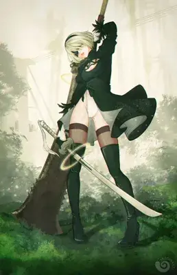 Illustration of 2B leaning against a machine leg with her sword.