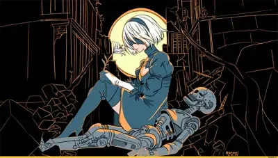 Illustration of 2B from NieR:Automata sitting among destroyed machines in a post-apocalyptic setting.