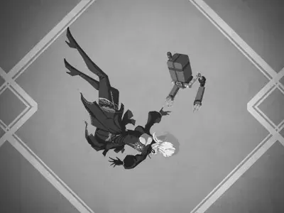 2B and 9S suspended in a grayscale scene from NieR:Automata.