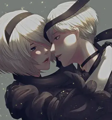 Digital art of 2B and 9S from NieR:Automata in a close, tender pose.