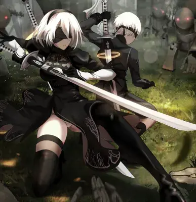 Illustration of 2B and 9S from NieR:Automata in a combat stance.