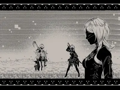Illustration of 2B and 9S from NieR:Automata in a glitching, black and white landscape.