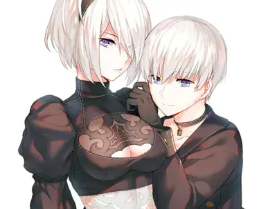 Illustration of 2B and 9S from NieR:Automata, 2B gently holding 9S's face.