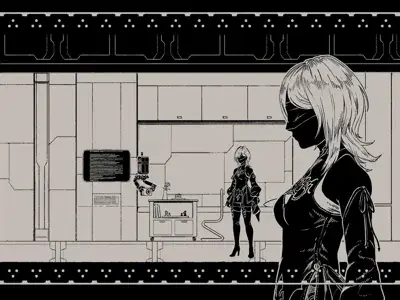 Illustration of 2B and 9S in a futuristic kitchen.
