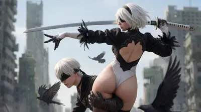 2B and 9S in a combat pose amidst a post-apocalyptic cityscape.