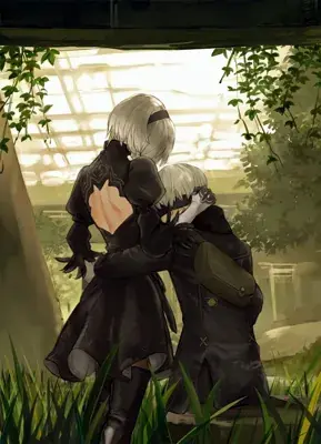 Digital art featuring 2B standing and embracing a hunched-over 9S, both with white hair and blindfolds, in an overgrown, ruined greenhouse-like structure with soft light filtering through. 2B wears her signature black dress with an open back, and 9S is in his dark overcoat.