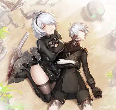 Illustration of 2B and 9S from NieR:Automata in a ruined landscape.