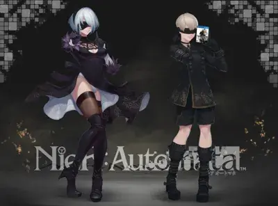 2B and 9S from Nier Automata showcasing the game case - digital artwork showing android warriors in signature outfits