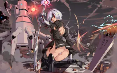 Digital illustration of 2B kneeling in a ruined city, holding a bloody sword, with 9S fighting machines in the background.