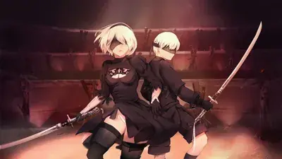 Digital illustration of 2B and 9S from NieR: Automata standing back-to-back with swords drawn in a dark, dramatically lit arena.