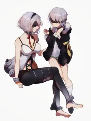 Digital art of NieR:Automata characters 2B and 9S. 2B is sitting in a white top and black leggings, while 9S stands next to her in a black jacket. Both have white hair and wear blindfolds.