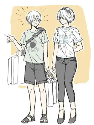 2B and 9S from Nier Automata casual day out - digital artwork showing android warriors in civilian clothes