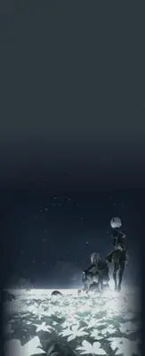 2B and 9S from Nier Automata standing in a field of flowers under the stars - digital artwork showing android warriors in a peaceful moment