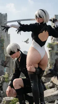 Cosplay of 2B and 9S from NieR:Automata in a post-apocalyptic setting.