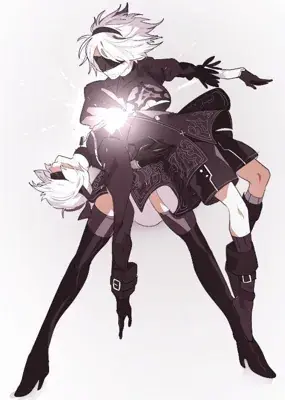 Digital illustration of 2B (YoRHa No.2 Type B) from NieR: Automata, depicted in a dynamic pose wearing a black gothic-lolita outfit with a blindfold.