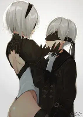 Digital art of 2B embracing 9S from behind, showcasing their iconic NieR:Automata outfits.