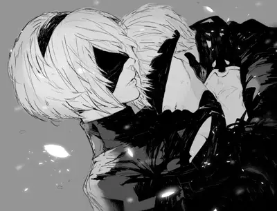 An emotional black and white digital drawing of 2B and 9S from NieR: Automata in a close embrace with white particles floating around them.