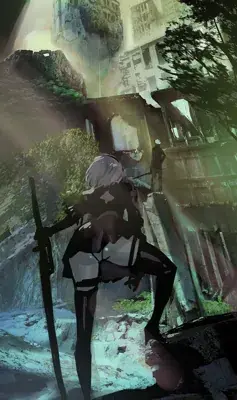 Digital art of NieR Automata characters 2B and 9S in a post-apocalyptic urban setting with overgrown ruins and dramatic lighting.