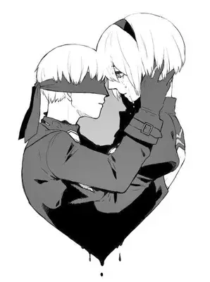 2B and 9S from Nier Automata heart-shaped embrace artwork showing androids in a touching, monochromatic illustration