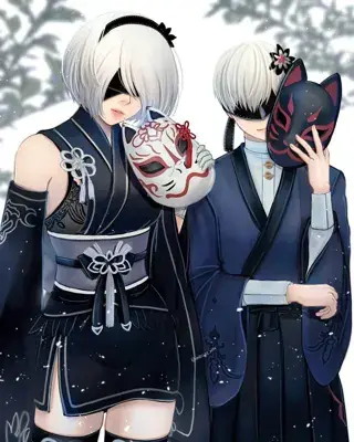 2B and 9S from Nier Automata in traditional yukata and kitsune masks - digital artwork showing android warriors in elegant festival outfits