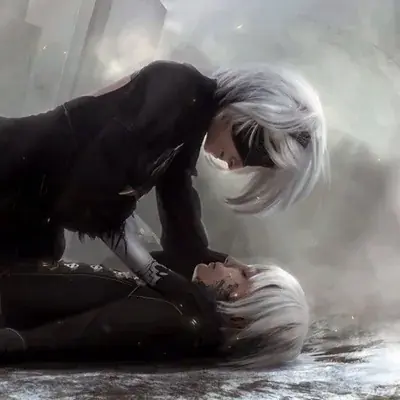 2B from Nier Automata comforting 9S in a poignant, intimate pose - digital artwork showing android warriors