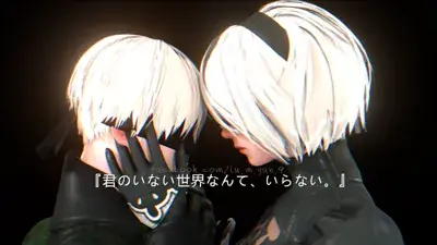 2B and 9S from Nier Automata in an intimate pose - digital artwork showing android warriors in their signature outfits