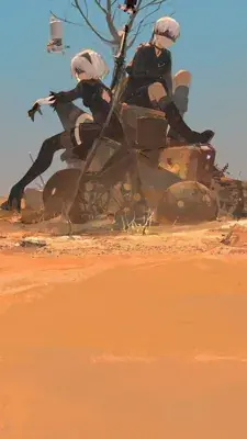 2B and 9S from Nier Automata sitting on a ruined machine - digital artwork showing android warriors in signature outfits
