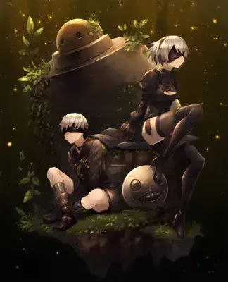 Digital illustration of 2B and 9S sitting peacefully on a mossy floating island alongside a machine head and Emil's head, surrounded by golden glowing particles.