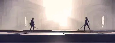 Silhouette of 2B and 9S from NieR: Automata standing in a post-apocalyptic, sunlit ruin.