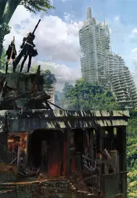 2B and 9S from Nier Automata surveying the overgrown ruins - digital artwork showing android warriors in signature outfits