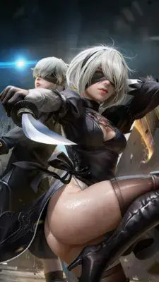 A 3D render of 2B and A2 from NieR:Automata in a combat pose.