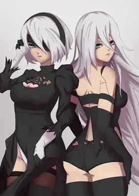 2B and A2 from Nier Automata standing together - digital artwork showing android warriors in signature outfits