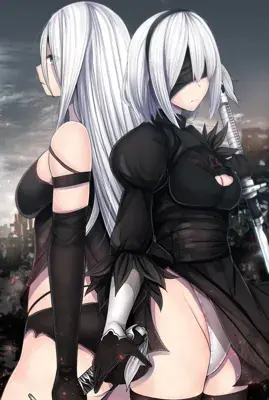2B and A2 from Nier Automata back-to-back pose - digital artwork showing android warriors in signature outfits