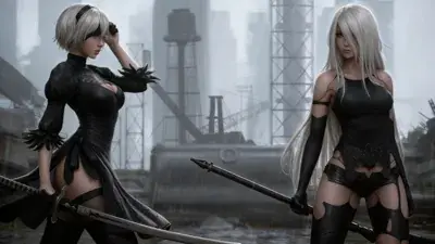 Digital art of 2B and A2 from NieR:Automata standing in a post-apocalyptic city.