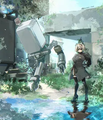Illustration of 2B standing in a flooded ruin with a large machine.