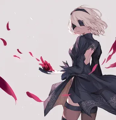 Digital art of 2B from NieR:Automata holding red petals.