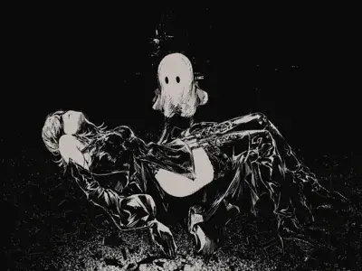 Illustration of 2B and Emil in a dark, textured style.